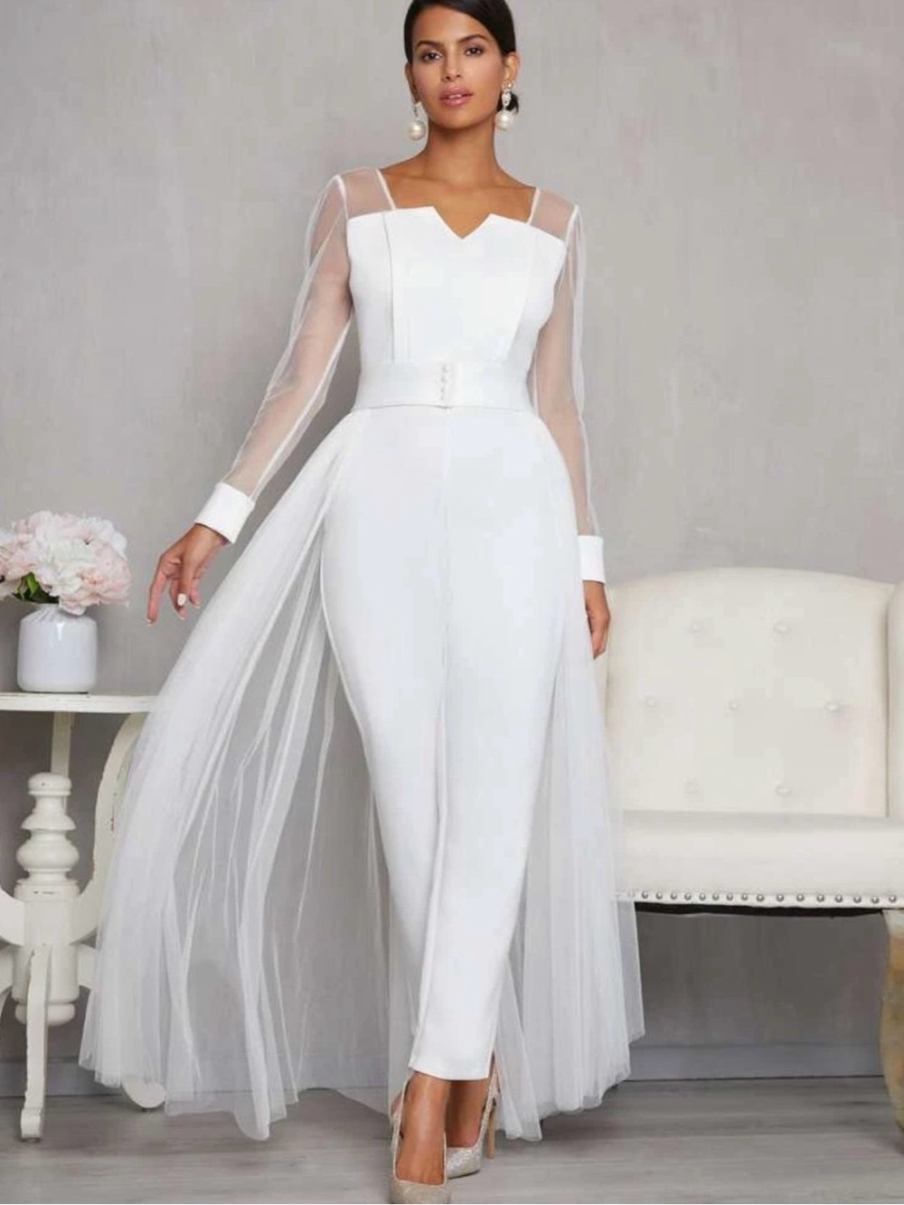 Private Label Off-White Bridal Jumpsuit with Sheer Tulle Overlay